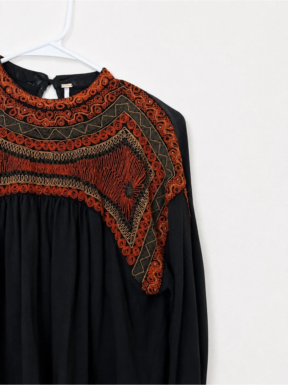 Free People Black Long-Sleeve Blouse with Rust Embroidery